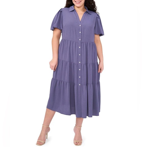 CeCe Plus Size Drapey Puff Sleeve Tiered Midi Shirt Dress